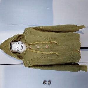 Sonoma- Womens Hooded Sweater Olive Green Stretchy Knit Distressed Top Sz.Large